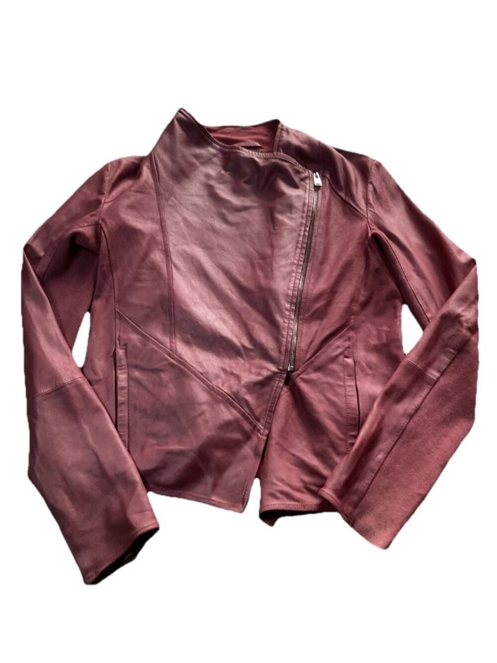 Lamarque Leather Moto Jacket Burgundy Asym Zip Cropped Womens S
